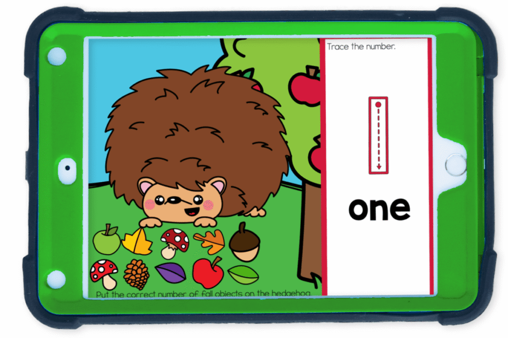 Super Cute Fall Hedgehog Counting to 10 Activity 10 Fall digital math activity for preschool using one-to-one correspondence with number one, featuring a hedgehog and colorful fall objects to drag and count.