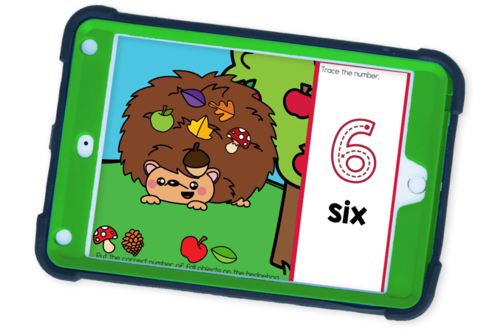 Super Cute Fall Hedgehog Counting to 10 Activity 11 nteractive fall hedgehog counting activity on a tablet for number six, reinforcing early math skills like counting, cardinality, and fine motor control
