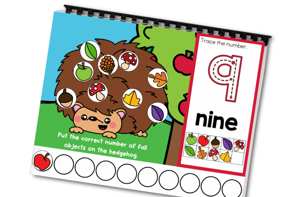 Super Cute Fall Hedgehog Counting to 10 Activity 8 Printable fall hedgehog counting mat showing number nine with matching fall objects, ten-frame grid, and number tracing to build preschool number sense.