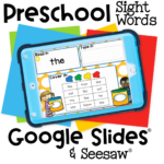 Preschool sight word activity on Google Slides and Seesaw. Students read, type, and cover sight words with a fun paint color theme.