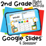 Digital 2nd grade sight word activity for ‘would’ designed for Google Slides and Seesaw. Children engage in sight word recognition and spelling practice with colorful visuals and interactive word grids