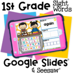 Interactive digital sight word activity for 1st grade featuring the word ‘again.’ Children read, type, and build the word with letter tiles on Google Slides and Seesaw.