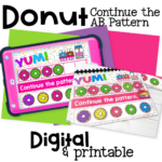 Donut-themed AB pattern activity for preschool. Digital and printable formats for practicing early patterning skills.