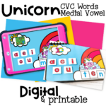 Free Rainbow Digital and Printable CVC Words with Pictures 15 CVC words medial vowel activity with a unicorn theme. Preschool and kindergarten students choose the correct vowel in digital or printable formats.