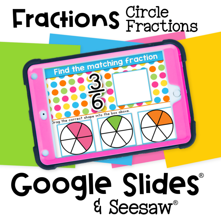 Interactive circle fractions activity for kids on Google Slides and Seesaw. Students match visual fraction models to numbers to build fraction recognition skills.