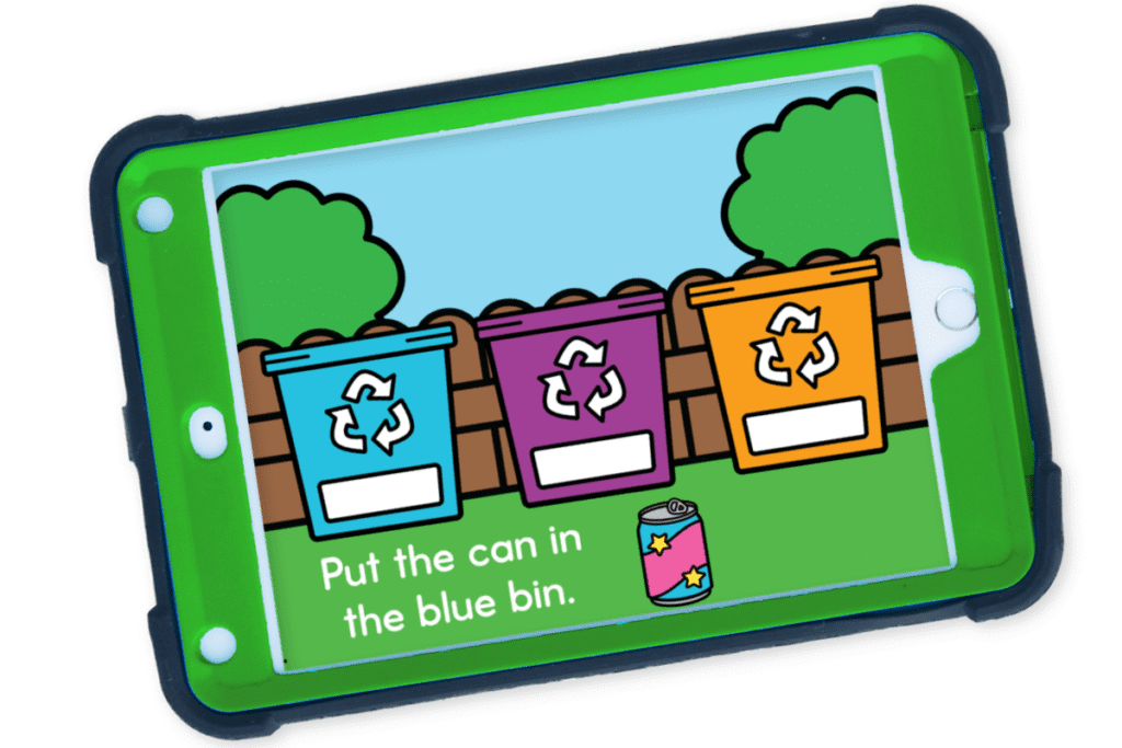 Digital Earth Day activity slide showing a can and three recycling bins in blue, purple, and orange with the direction ‘Put the can in the blue bin