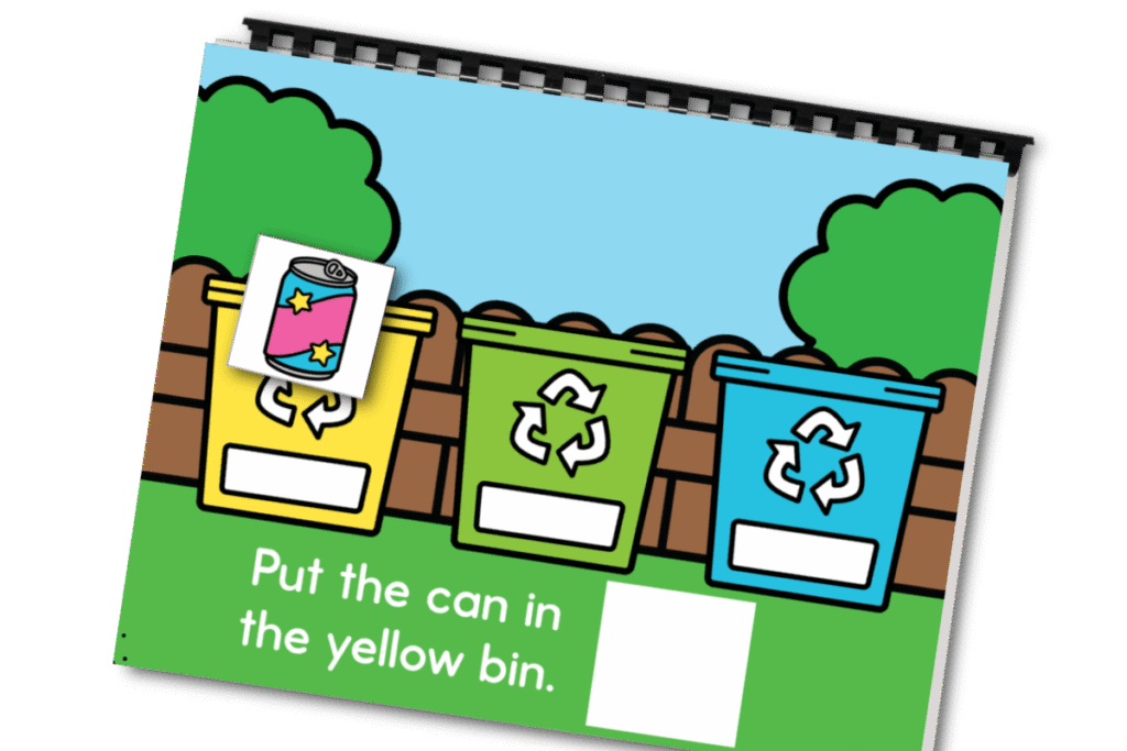 Printable Earth Day following directions interactive book with moveable can and yellow, green, and blue recycling bins for color sorting and direction following