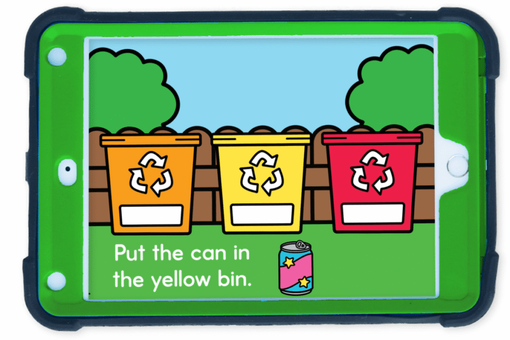 Google Slides Earth Day color activity for preschoolers with red, yellow, and orange bins and a one-step direction instructing to place the can in the yellow bin