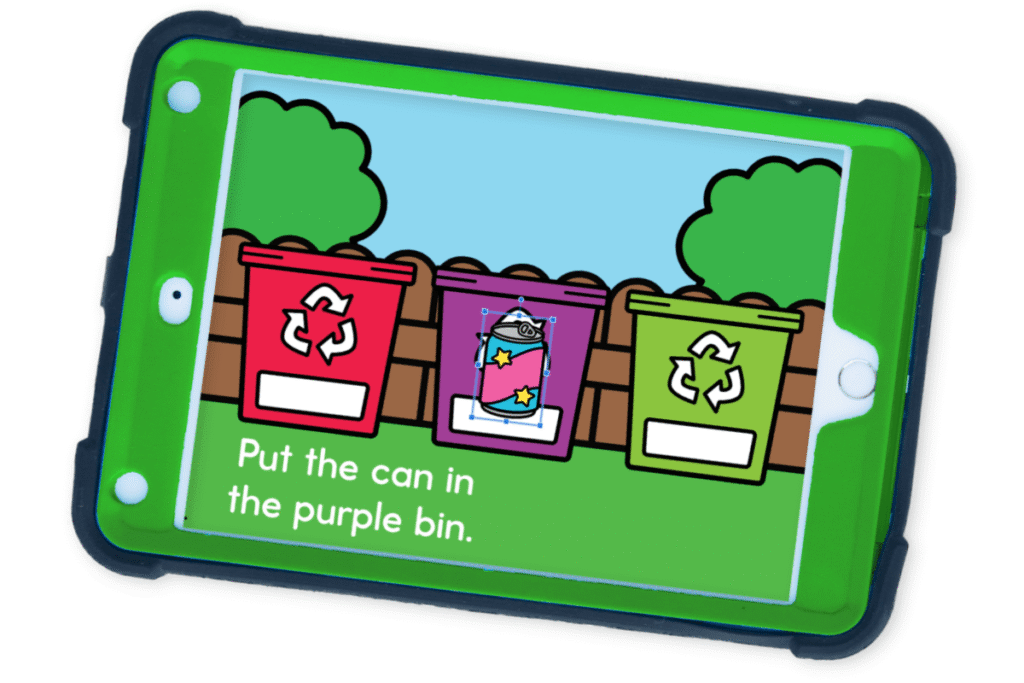 Preschool Earth Day activity in Google Slides showing interactive drag-and-drop action to match a can to the purple bin by following simple directions