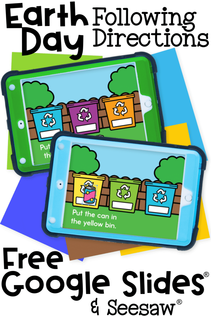 Earth Day color matching activity for preschoolers showing both digital iPad version and printable interactive book option for teaching one-step directions and color recognition