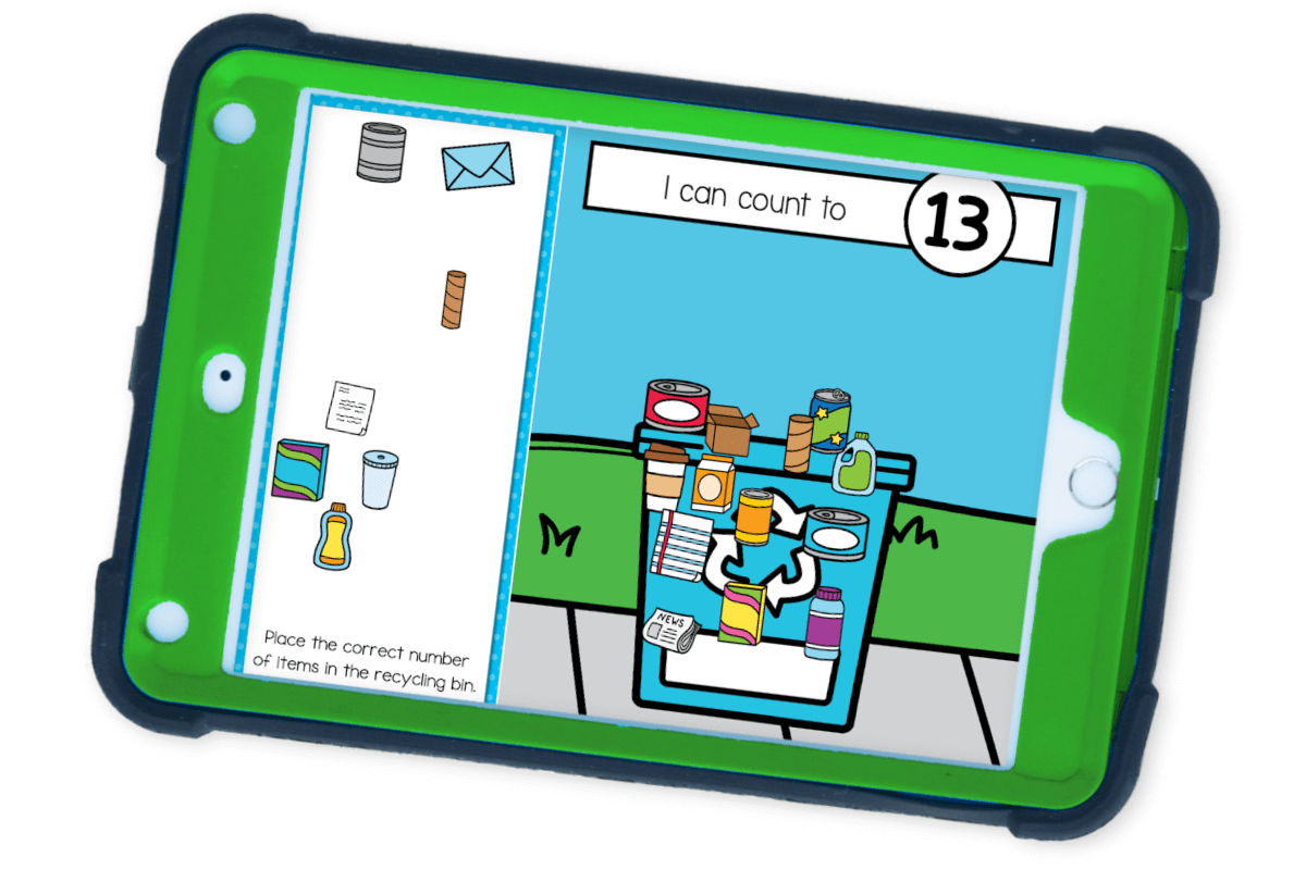 Interactive Earth Day counting to 20 slide showing number 13 with a recycling bin filled with 13 items. A fun digital math center for preschool and kindergarten on Seesaw and Google Slides.