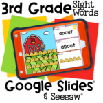 Farm-themed 3rd grade sight word activity on Google Slides and Seesaw with the word 'about' for kids to read, type, and build using digital hay bale letters
