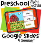 Digital sight word practice for preschoolers using a fun farm theme. Kids read, type, and build sight words like 'and' on Google Slides and Seesaw