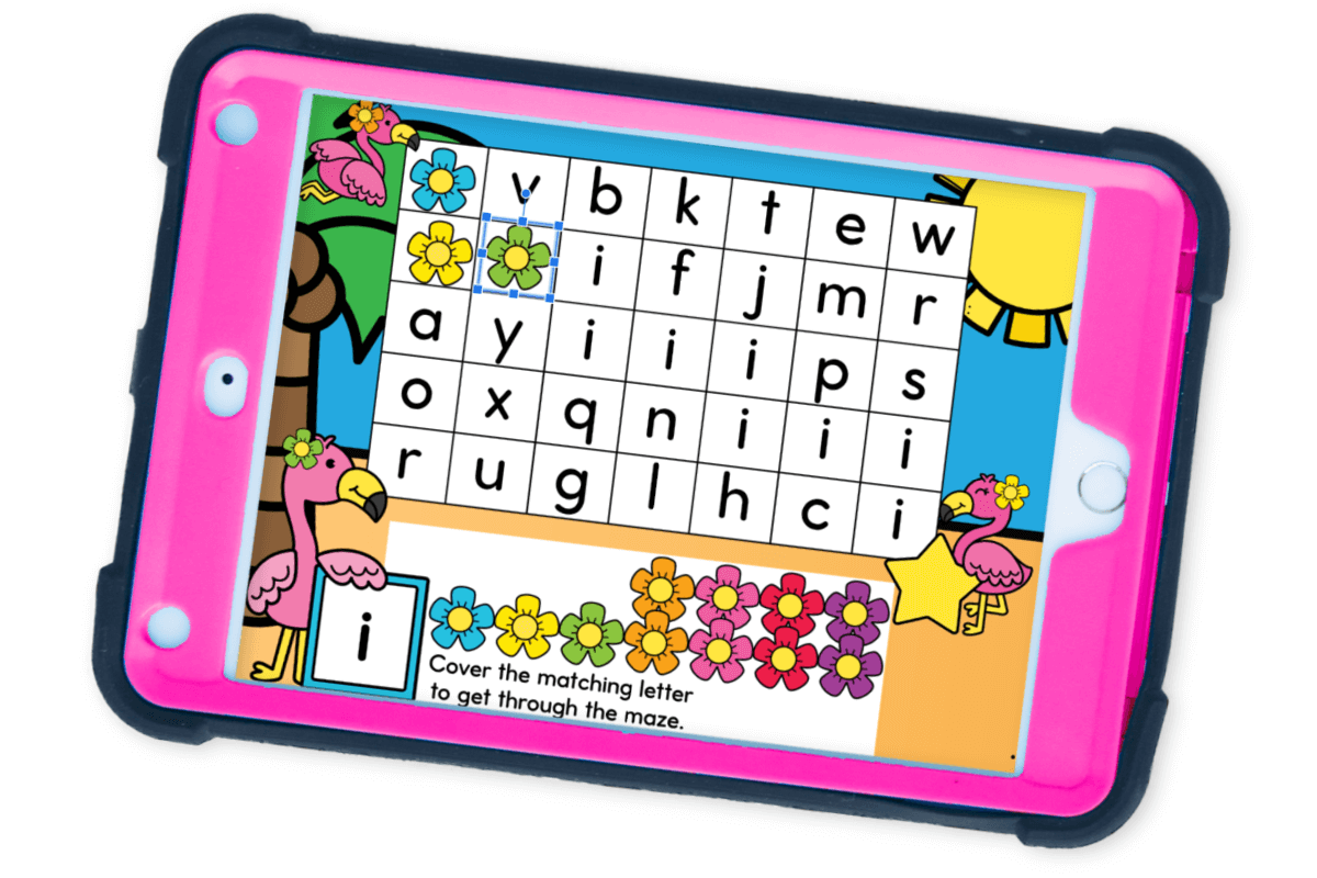 Fun Flamingo Lowercase Letter Mazes for Preschool 9 Colorful digital alphabet maze with lowercase letter I focus, set on a vibrant flamingo beach background, ideal for Google Slides or Seesaw learning.