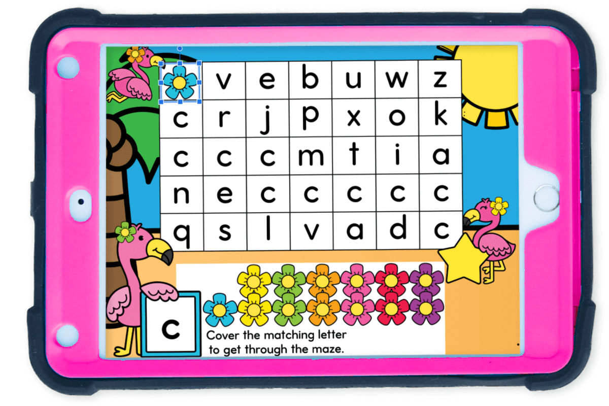 Fun Flamingo Lowercase Letter Mazes for Preschool 8 Lowercase letter C maze for preschoolers displayed on a tablet with a flamingo and sunshine theme, perfect for hands-on digital letter practice.