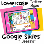 Promotional graphic for free lowercase letter maze activity on Google Slides and Seesaw, with tropical flamingo theme and playful learning vibe.