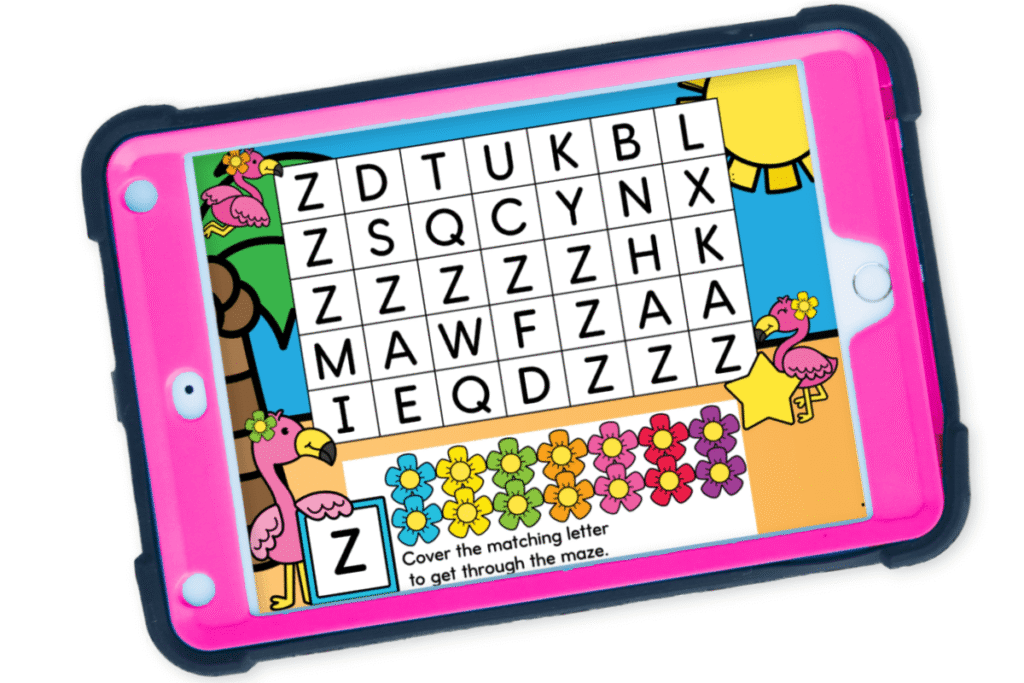 Flamingo-themed uppercase letter maze activity on a tablet screen highlighting the letter Z. Students match and cover all Z's with flowers to complete the maze using Google Slides