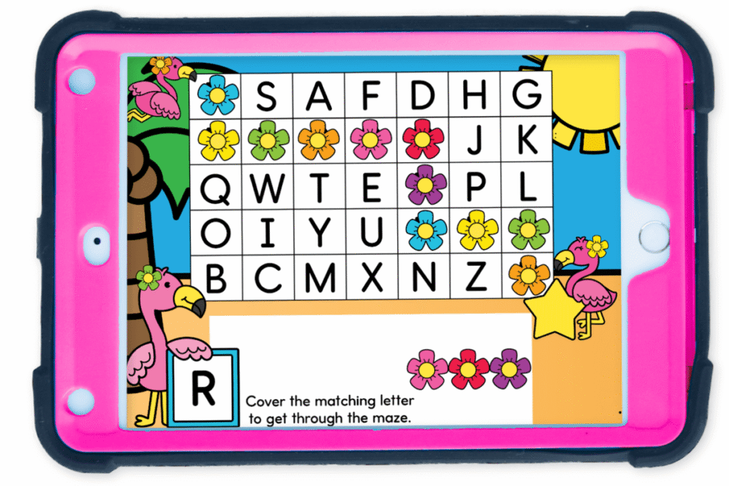Colorful uppercase alphabet maze with a tropical flamingo background. Preschoolers search for and cover the letter R using bright flower graphics on Seesaw