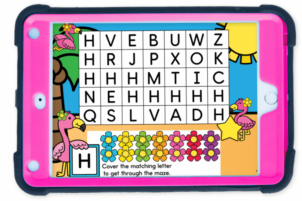 Uppercase letter H maze activity shown on a pink-framed tablet. Children strengthen alphabet knowledge by finding and covering all H's with matching flowers.