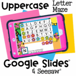 Fun Flamingo Uppercase Letter Mazes for Preschool 15 Cover of the Flamingo Uppercase Letter Mazes activity featuring the digital maze on a pink tablet, designed for use with Google Slides and Seesaw in preschool classrooms