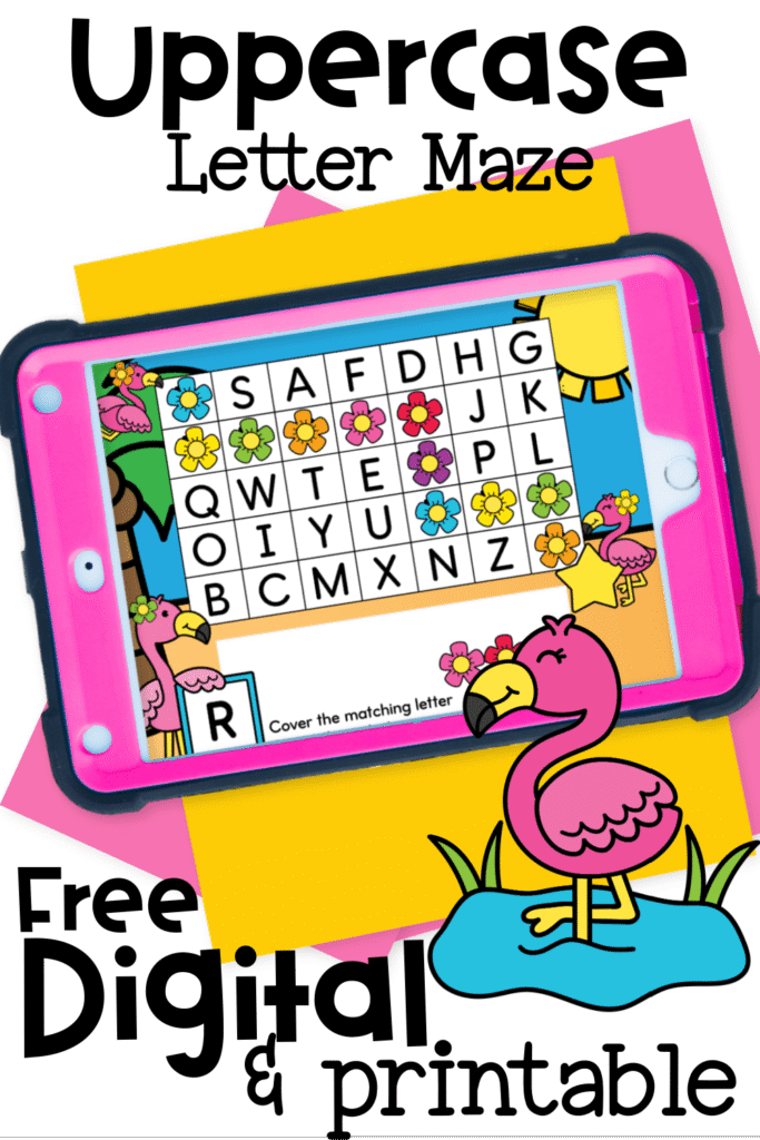 Bright and playful preview of the Flamingo Uppercase Letter Maze activity. Includes letter R maze on a tablet with bold text advertising free digital and printable access