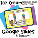 Interactive ice cream math activity for preschool and kindergarten comparing numbers with greater than, less than, and equal symbols on Seesaw or Google Slides