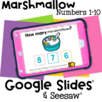 Digital marshmallow counting game for numbers 1 to 10, helping preschoolers identify quantities with visual supports in Seesaw or Google Slides