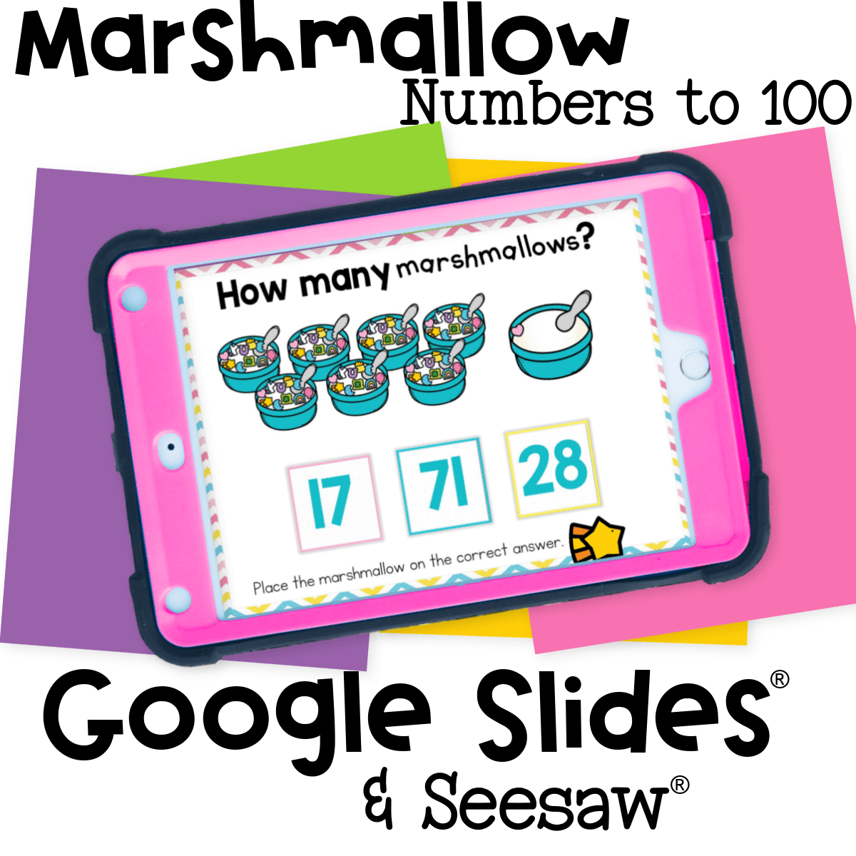 Marshmallow-themed counting to 100 game for kindergarten and first grade students to practice number identification with engaging digital format