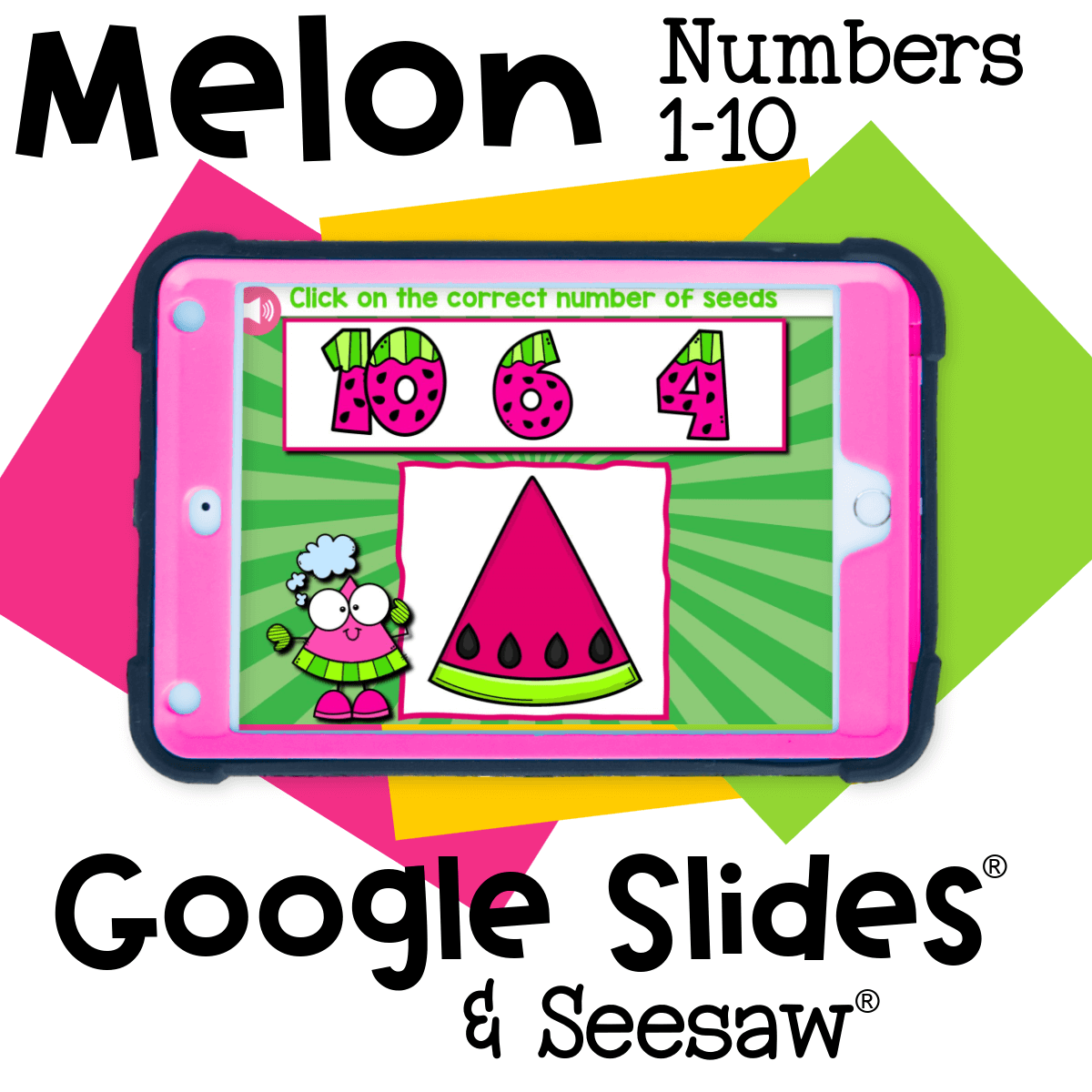 Watermelon seed counting activity for preschoolers. Kids click the number that matches the seed count from 1 to 10. Compatible with Google Slides and Seesaw