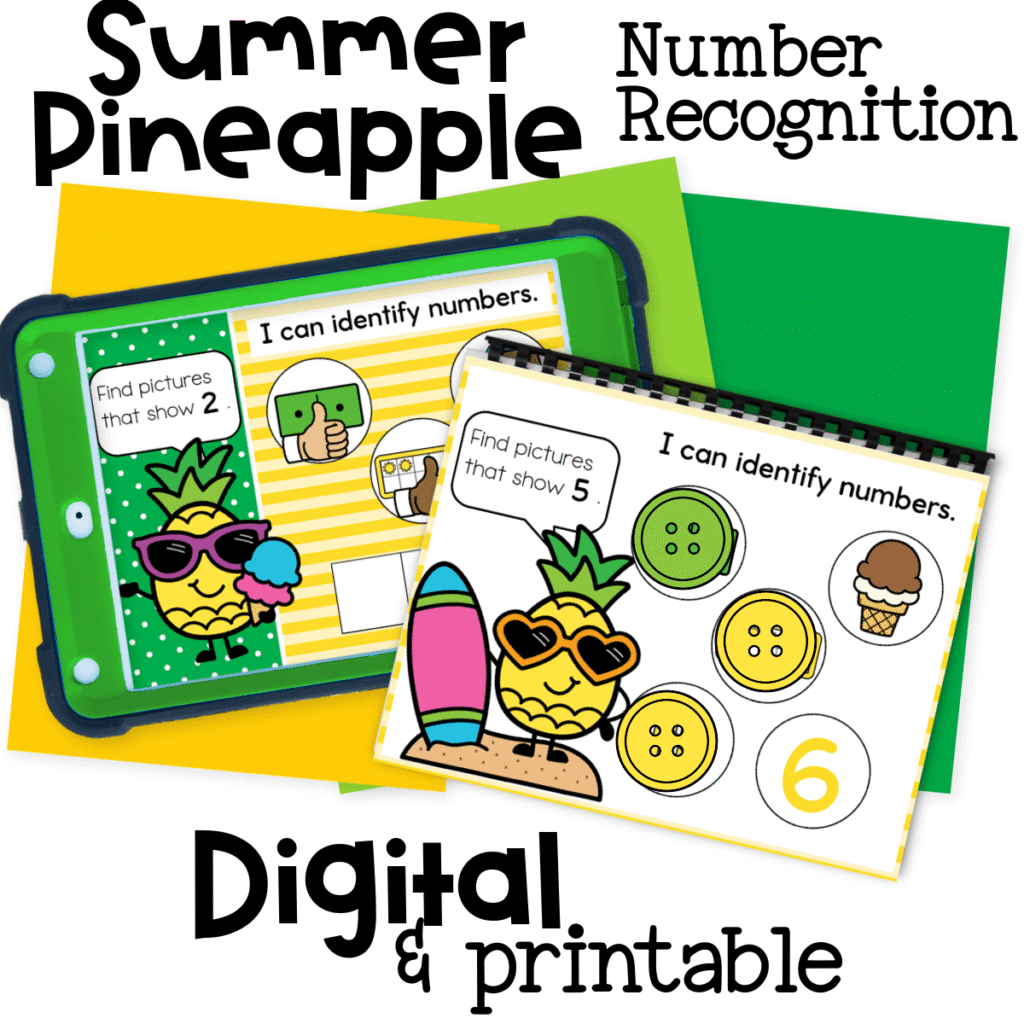 Square graphic preview of the Summer Pineapple Number Recognition Activity, highlighting both printable and digital versions designed for early math centers.