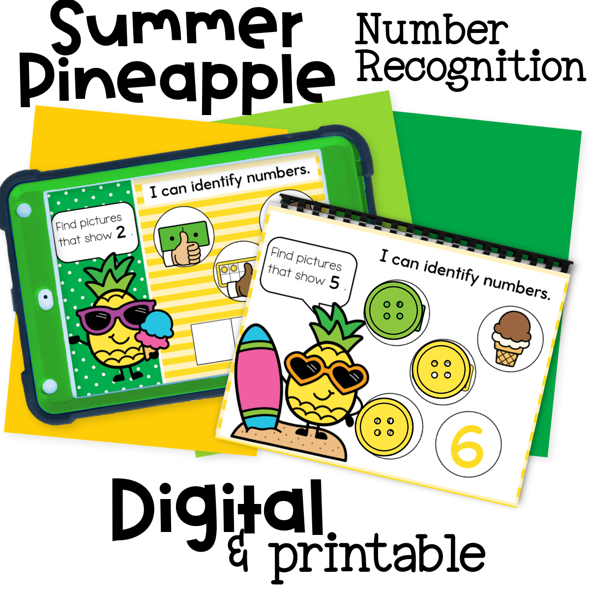 Square graphic preview of the Summer Pineapple Number Recognition Activity, highlighting both printable and digital versions designed for early math centers.