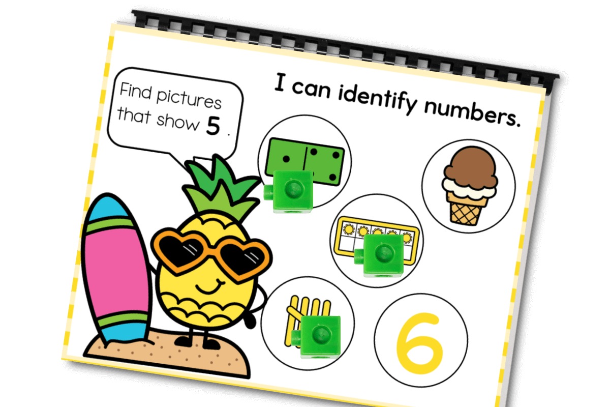 Summer Pineapple Number Recognition Activity 1-10 11 Summer pineapple math printable activity showing a preschooler using snap cubes to mark the correct images for the number 5—includes tally marks and ten frames.