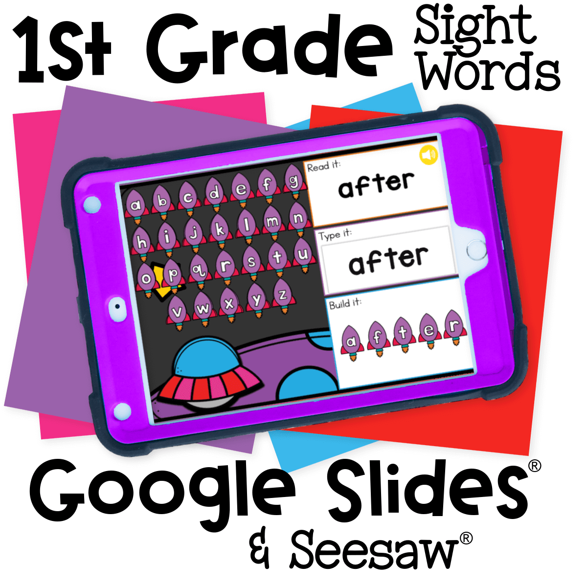 1st grade sight word digital activity with a rocket ship theme for Google Slides and Seesaw. Students read, type, and build high-frequency words like 'after' for reading fluency.