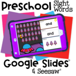 Preschool sight word learning game for Google Slides and Seesaw featuring space rockets. Students read and build beginner words like 'and' with visual letter matching.