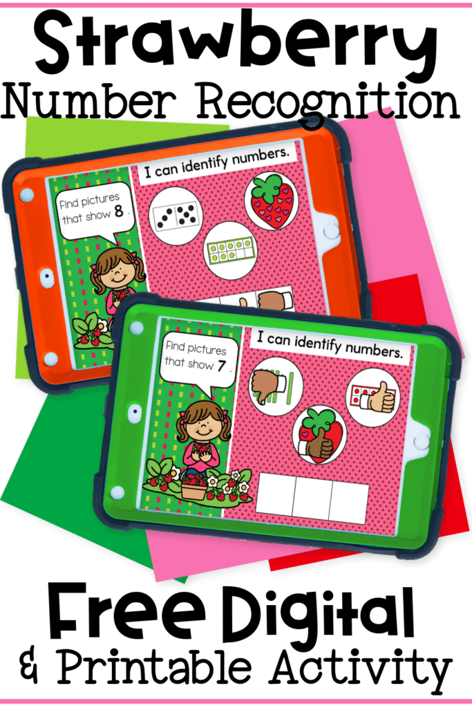 Preview of strawberry number activity with multiple number representations, designed for number recognition practice in preschool and kindergarten using Google Slides.