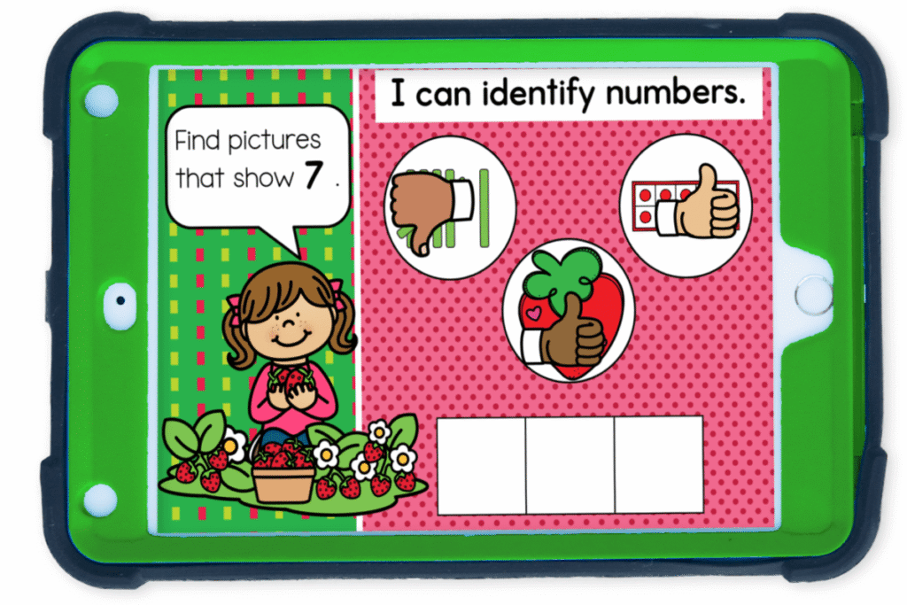 Summer Strawberry Number Recognition Activity 1-10 10 Digital counting activity slide showing number 7 with tally marks, dice, ten-frames, and strawberry counters for early learners to identify the correct quantity.