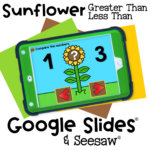 Sunflower-themed greater than less than comparison activity on Google Slides and Seesaw. Preschool and kindergarten kids compare numbers to develop early math skills.