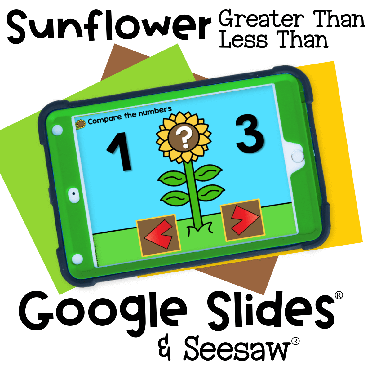 Sunflower-themed greater than less than comparison activity on Google Slides and Seesaw. Preschool and kindergarten kids compare numbers to develop early math skills.