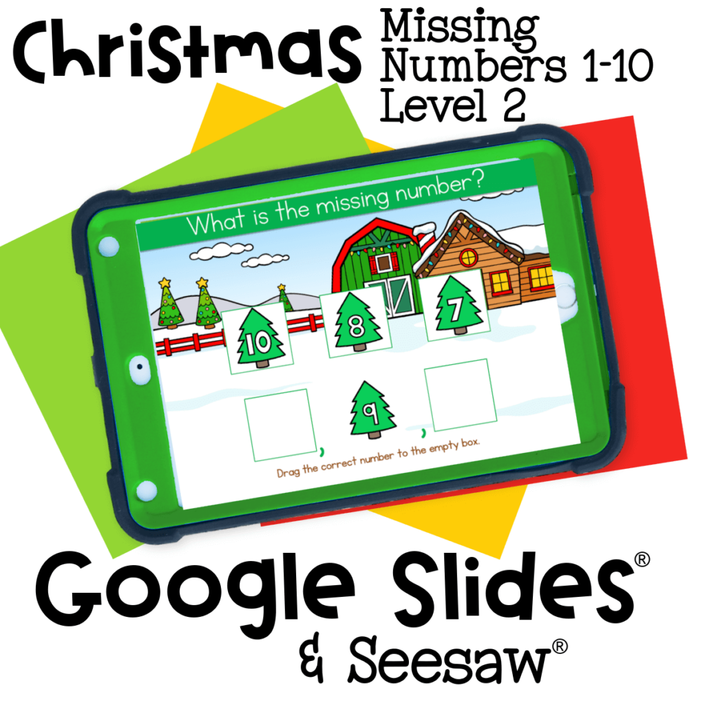Christmas-themed digital missing numbers 1-10 activity for kindergarten and preschool. Winter farm scene with number sequencing practice on Google Slides and Seesaw.