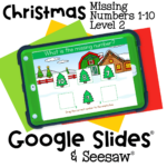 Christmas-themed digital missing numbers 1-10 activity for kindergarten and preschool. Winter farm scene with number sequencing practice on Google Slides and Seesaw.