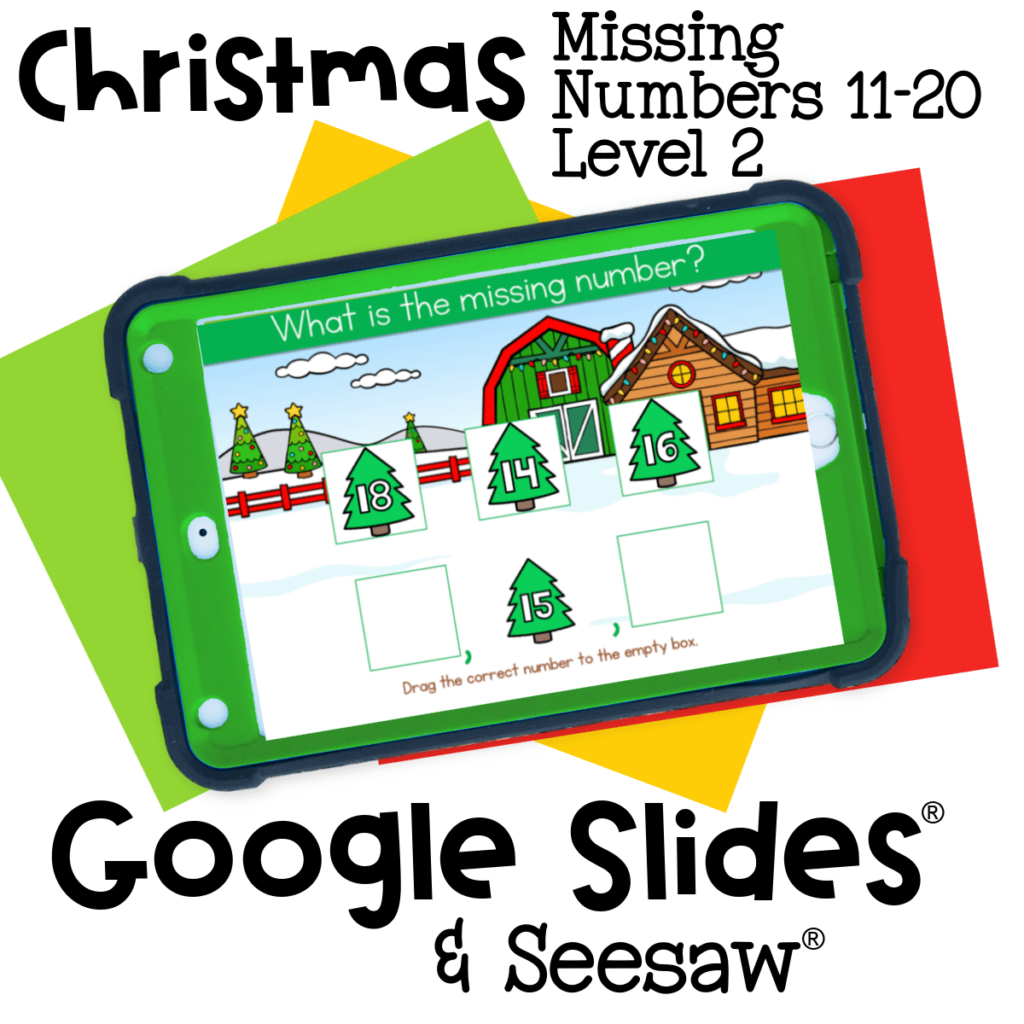 Advanced Christmas missing number activity for kids learning numbers 11 to 20. Interactive winter-themed number sequencing for preschool and kindergarten in Google Slides or Seesaw.
