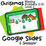 Advanced Christmas missing number activity for kids learning numbers 11 to 20. Interactive winter-themed number sequencing for preschool and kindergarten in Google Slides or Seesaw.