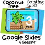 Coconut tree-themed digital counting game for early learners to count coconuts and trace numbers to 20 on Seesaw or Google Slides