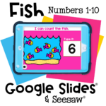 Count-the-fish game with number typing practice. Preschool and kindergarten learners count fish and type the number using Google Slides or Seesaw.