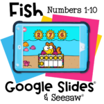 Ten frame digital activity with fish and ocean theme for early math learners. Practice numbers 1-10 using Google Slides and Seesaw.