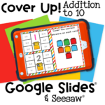 Addition to 10 Cover Up! Cards 16 Digital math game for addition to 10 with interactive color blocks. Preschool and kindergarten students solve and cover answers on Google Slides or Seesaw.