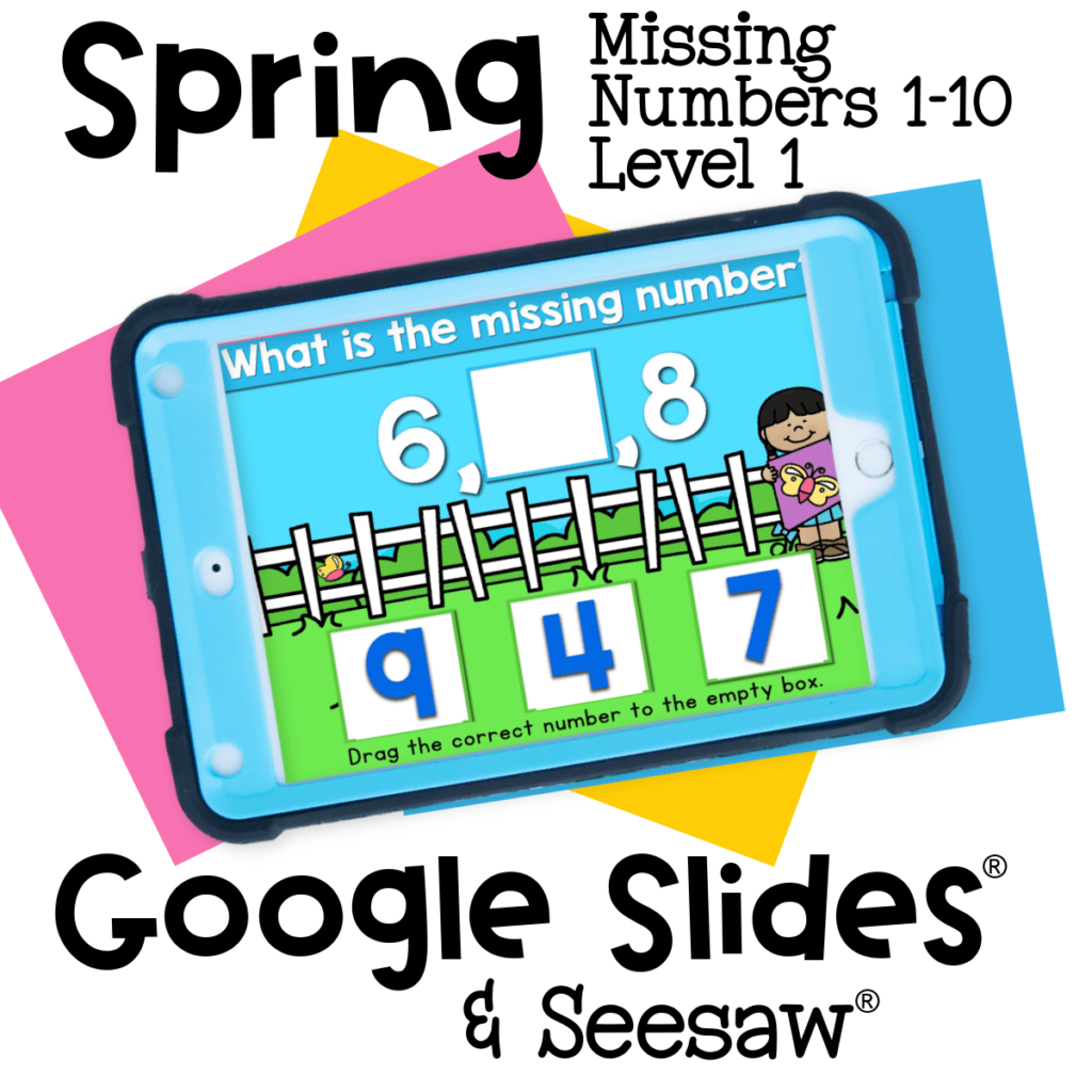 Find the Missing Number Level 1 Numbers 1-10 16 Spring-themed missing number activity for Google Slides and Seesaw practicing number sequencing 1-10 with a farm fence and the number sequence 6, __, 8