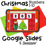 Christmas-themed number activity for Google Slides and Seesaw helping preschoolers count 1-10 by clicking the number of ornaments on a digital Christmas tree