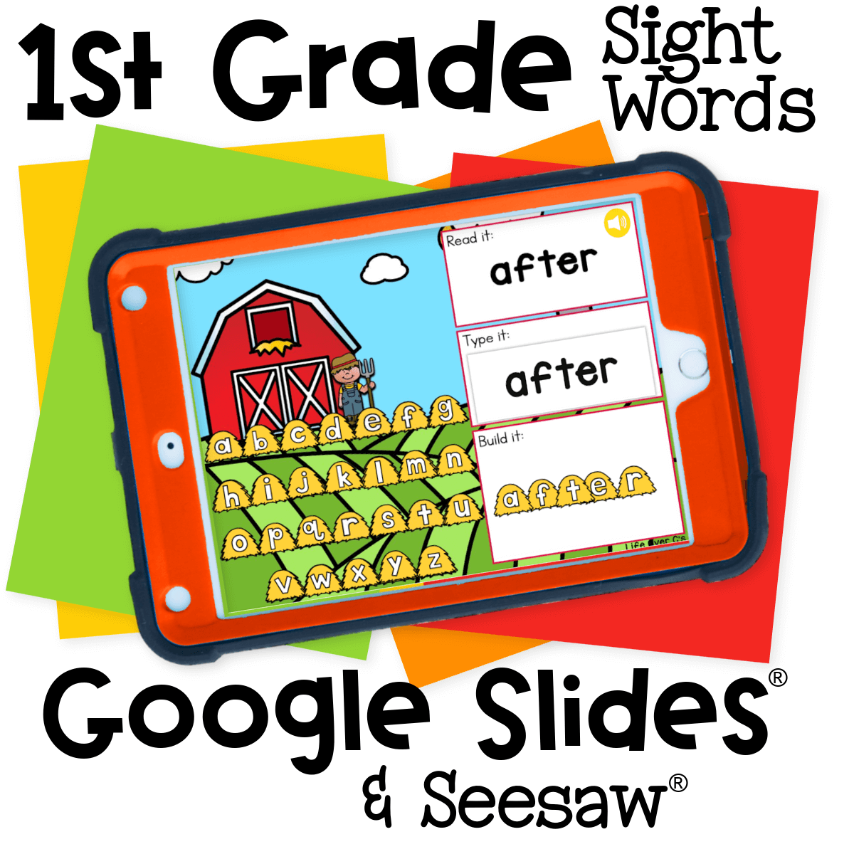 Digital 1st grade sight word activity for Google Slides and Seesaw with a farm theme. Students read, type, and build high-frequency words using virtual hay bales.