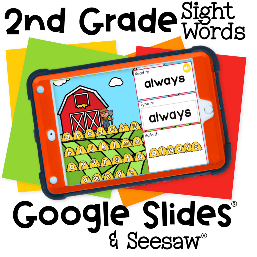 Digital Farm Theme Second Grade Sight Words Activity 20 Farm-themed digital 2nd grade sight word practice on Google Slides and Seesaw. Children read, type, and build words with engaging visuals and interactive elements.